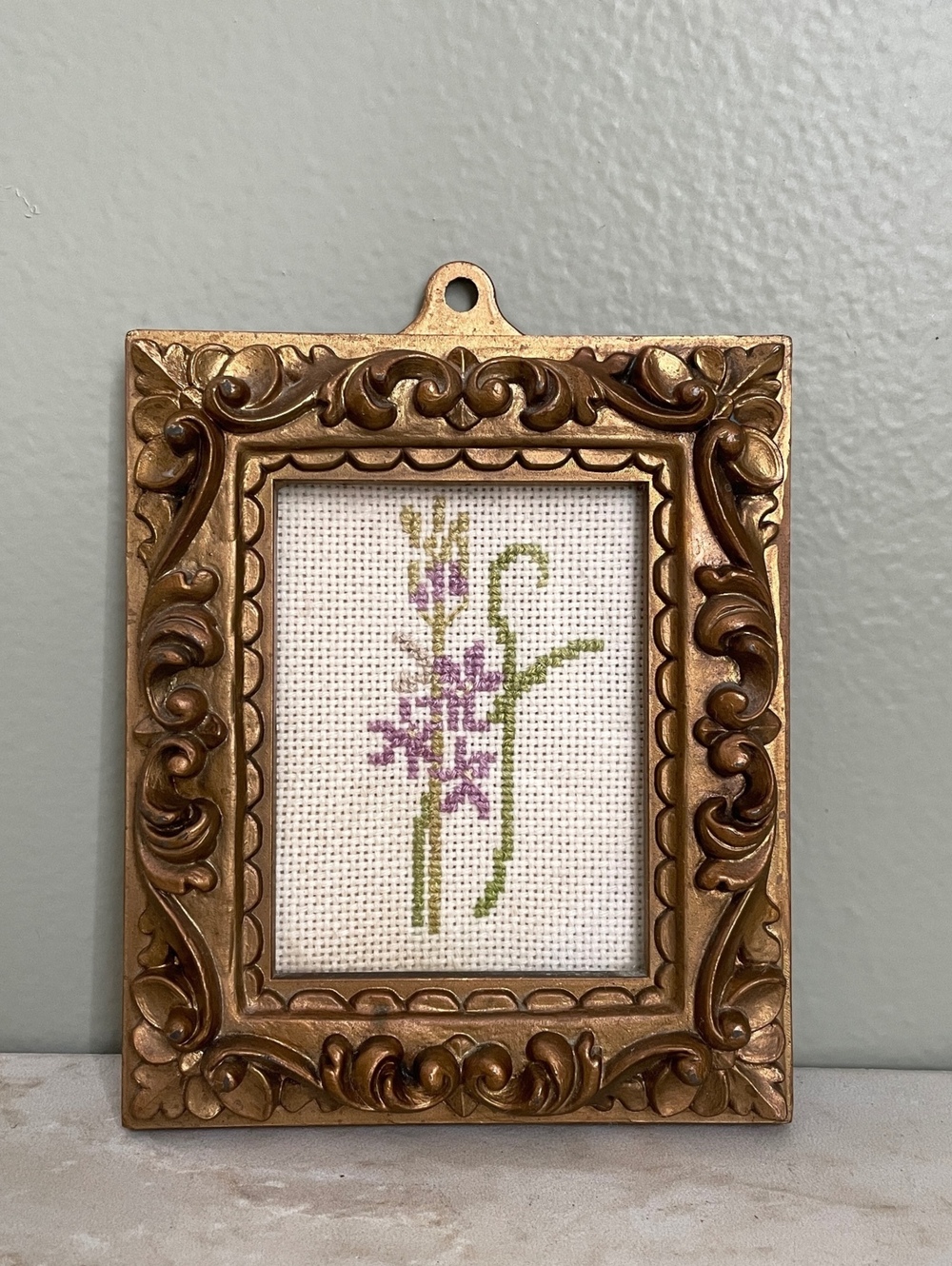 Vintage Cross Stitch Lavender Floral 5.5" | Ornate Baroque Gold Frame